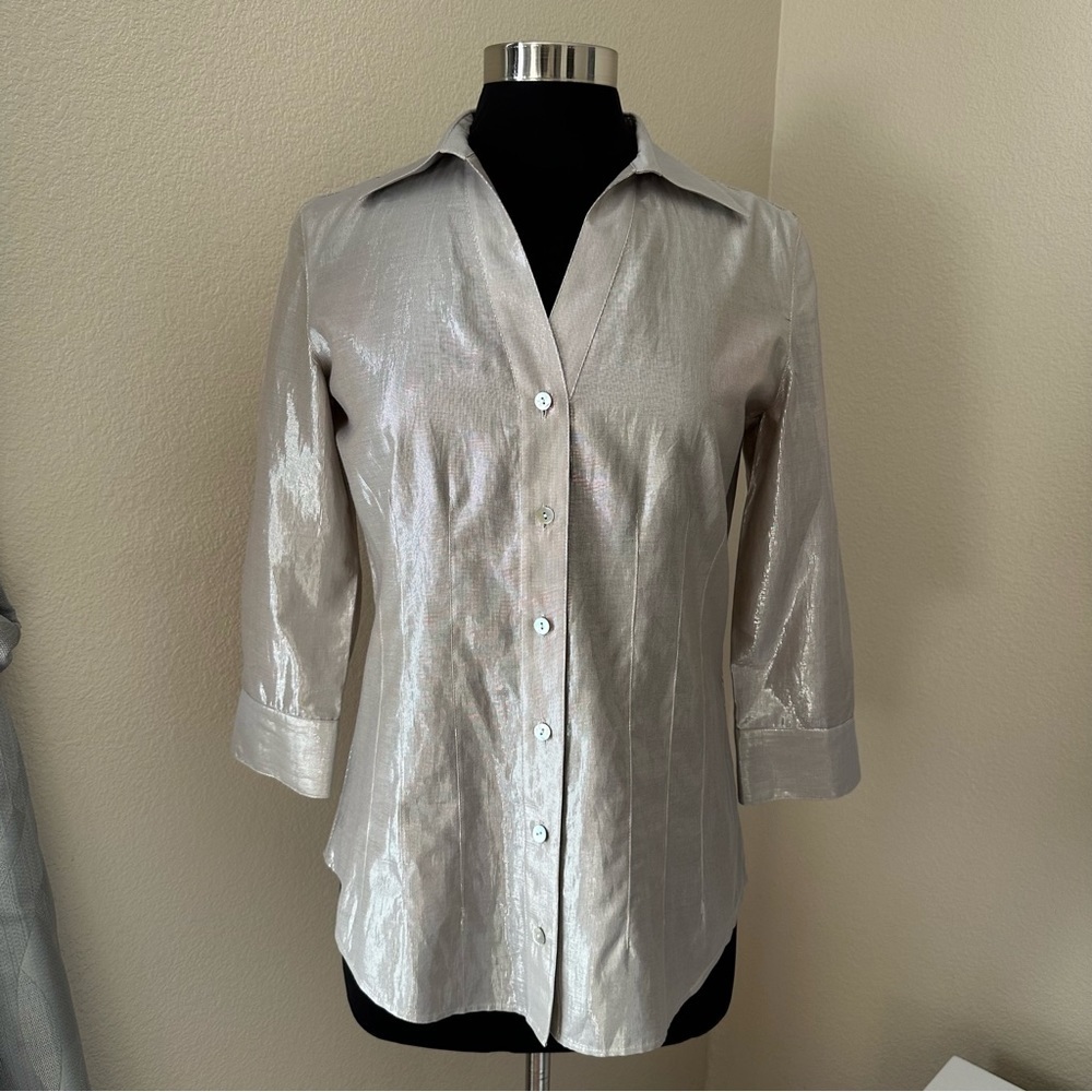 Chico's Silk Blend Button Up Silver 3/4 Sleeve Shirt Size S